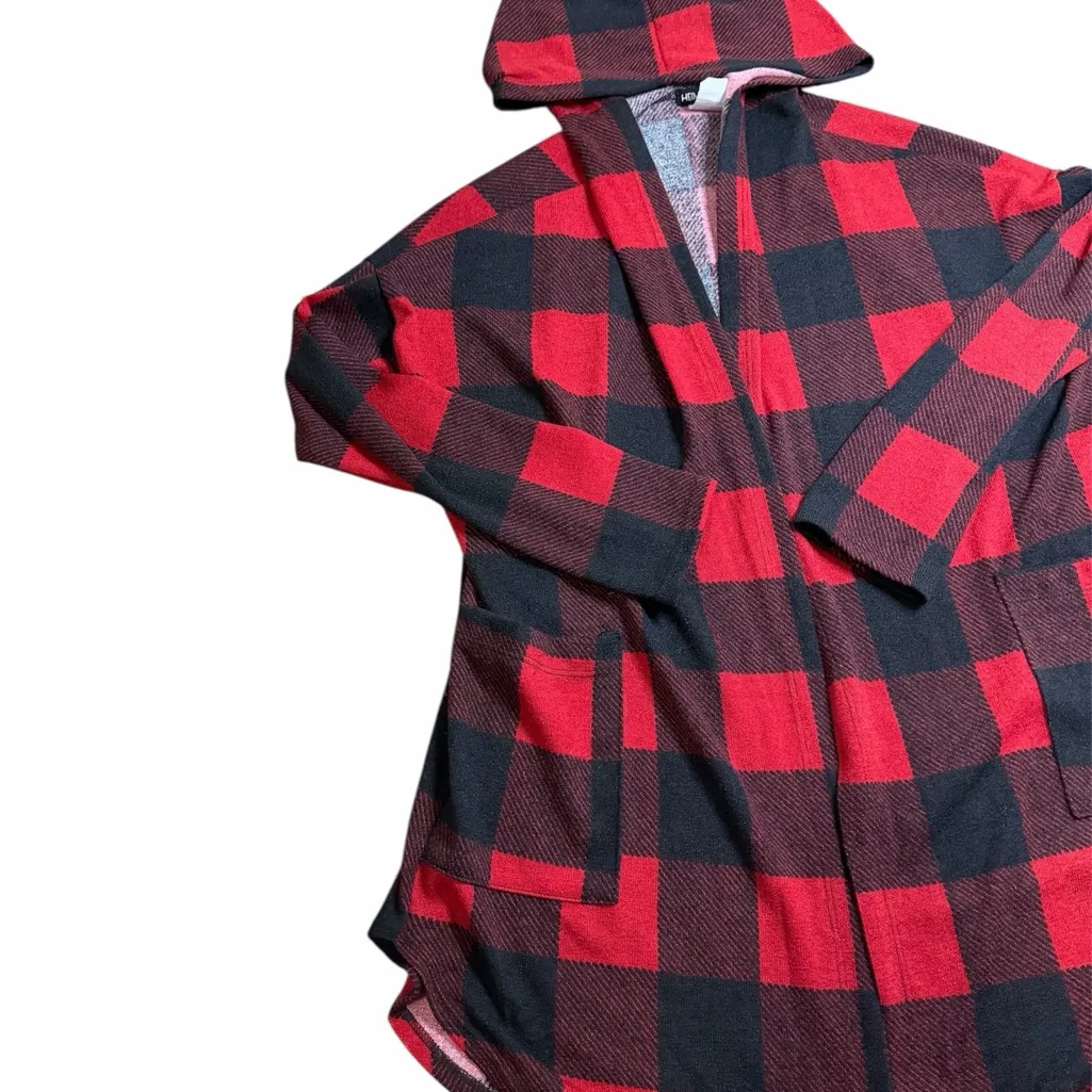 Heimish USA Buffalo Plaid Hooded Cardigan Red Black Checkered Open Front M Size M - Image 2