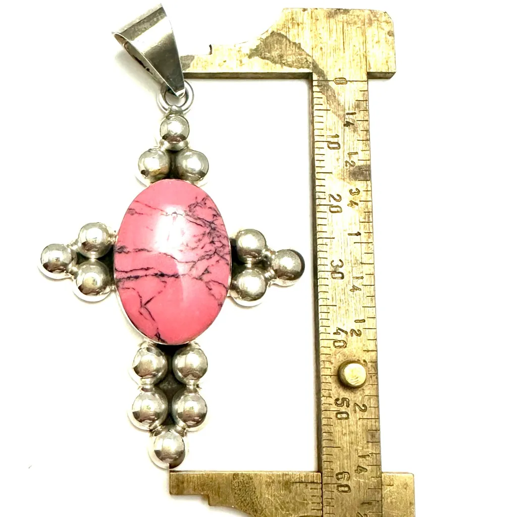 VTG Sterling Silver - MEXICO Pink Stone  Inlay Cross Pendant -925 - Image 4