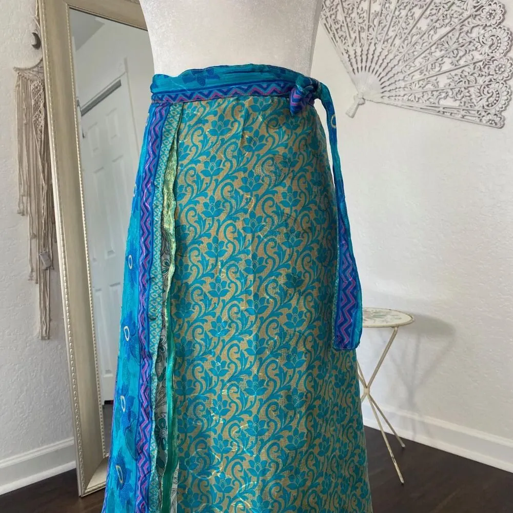Fairy Grunge Teal Blue Green Gold Paisley Layered Silk Midi Maxi Wrap Skirt OS Size undefined - Image 3
