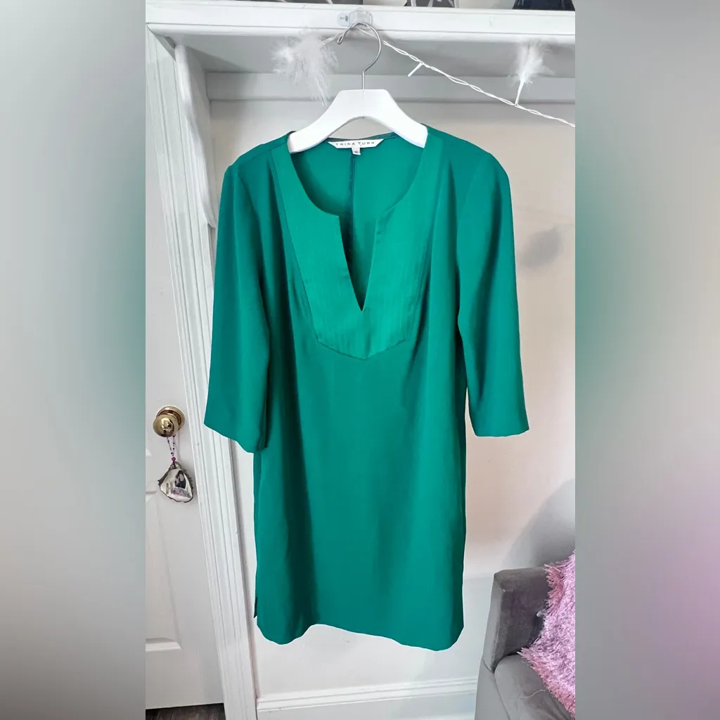 Trina Turk Womens Solid Green 3/4 Sleeve Tunic Shift Dress - Image 2