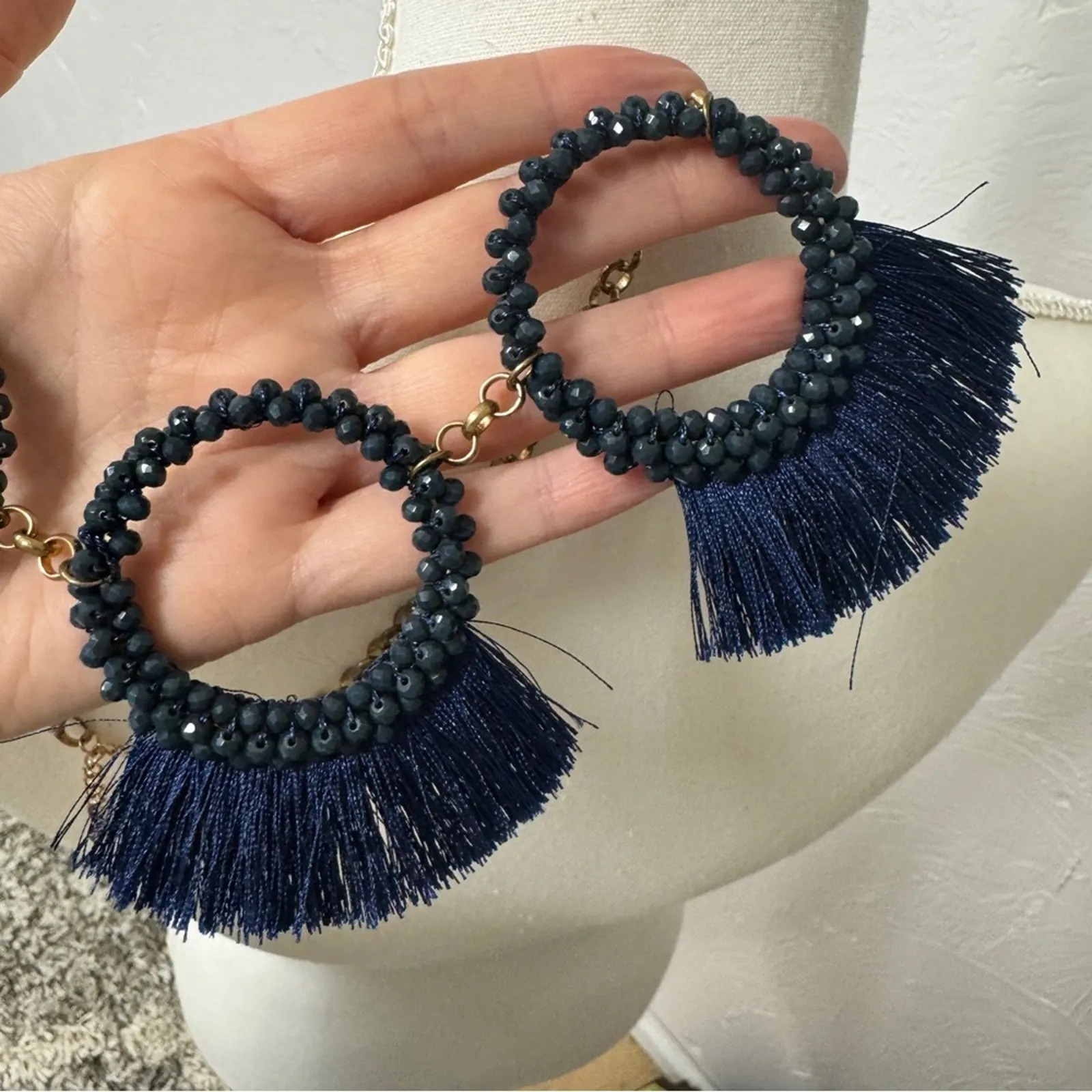 Navy Blue Gold Chain Tassel Statement Necklace Womens Jewelry Chunky Twee - Image 3