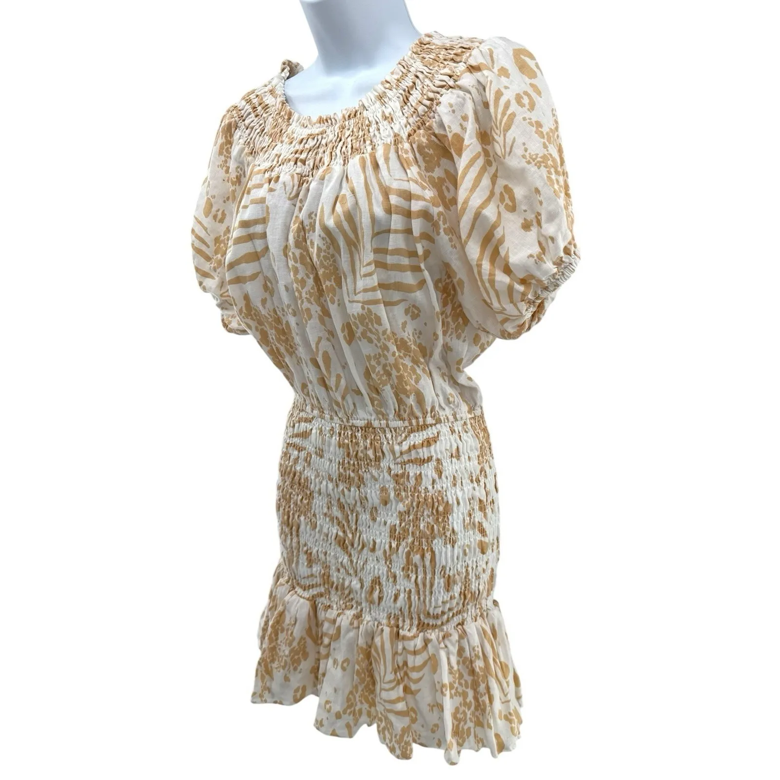 SABO LUXE‎ Camari Linen Dress Smocked Patterned Ruffle Hem White Beige Women's S - Image 6
