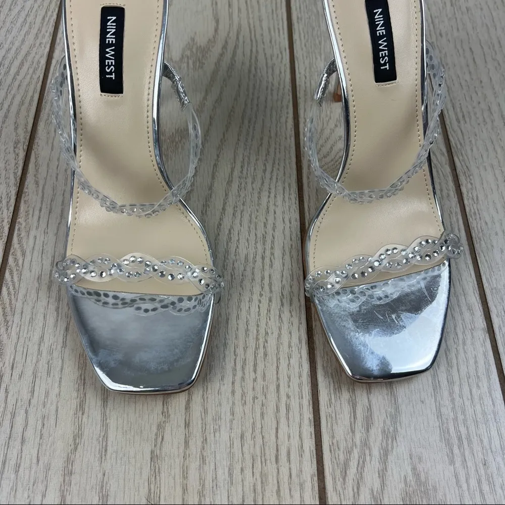 Nine West Ziggle Heeled Slide Gem Embellished Sandals 8 Clear Silver Tone $89 - Image 2