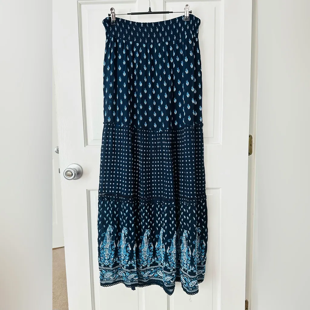 NEW! BILA Nola Tiered Maxi Skirt Boho Indian Block Print Blue Size L Size L - Image 5