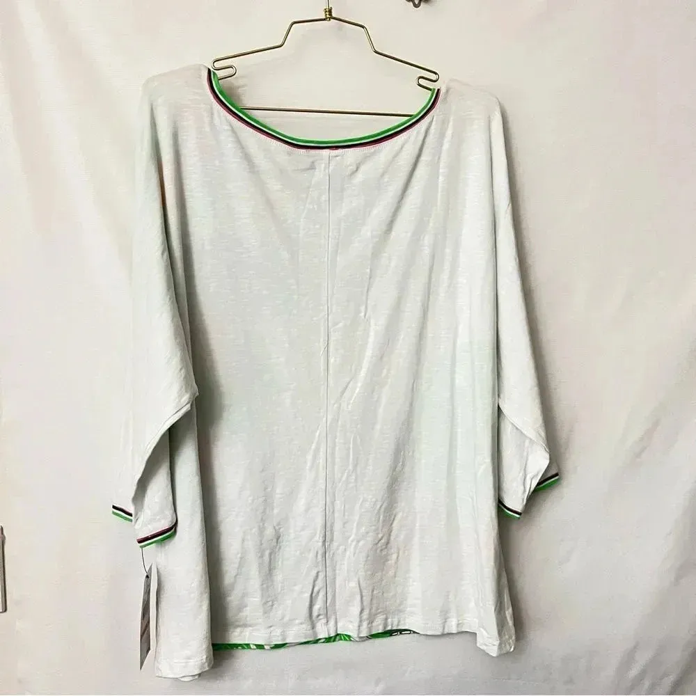 Lark Lane Woman 2X Hawaiian Floral Blouse Top 3/4 Sleeve Cotton Blend Toucan White - Image 2