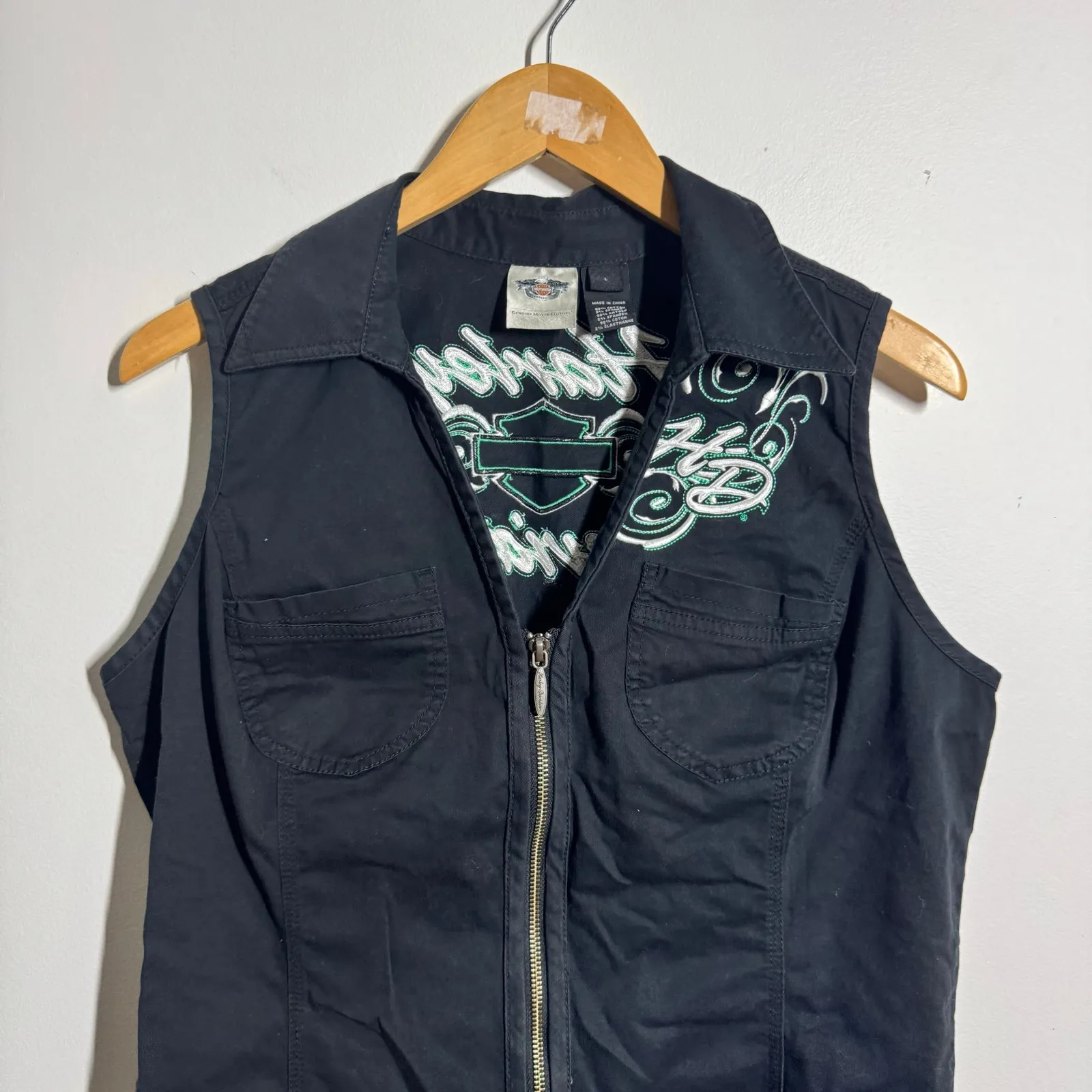 Harley-Davidson Corset Tie Biker Vest Women L Black Green Embroidery Moto Sport - Image 3