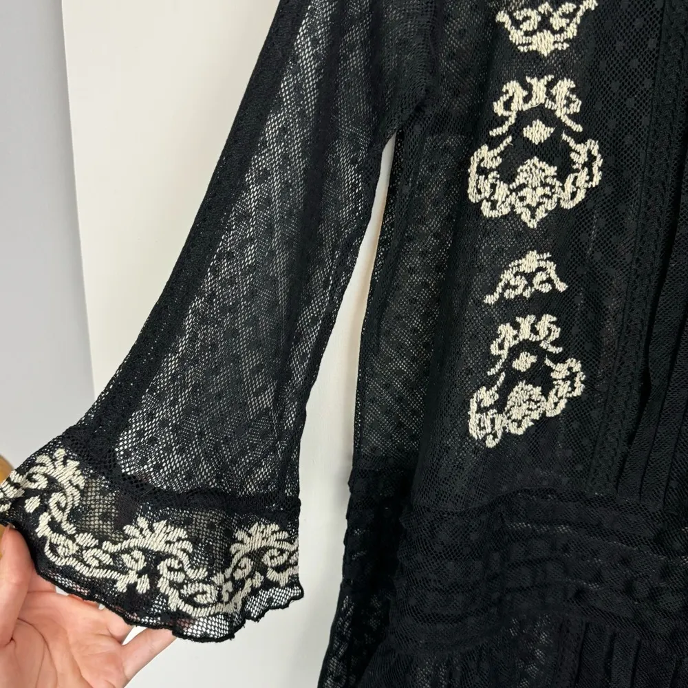 Free People Black Lace Mesh Tunic Top Sz Small Dot Ruffle Floral - Image 9