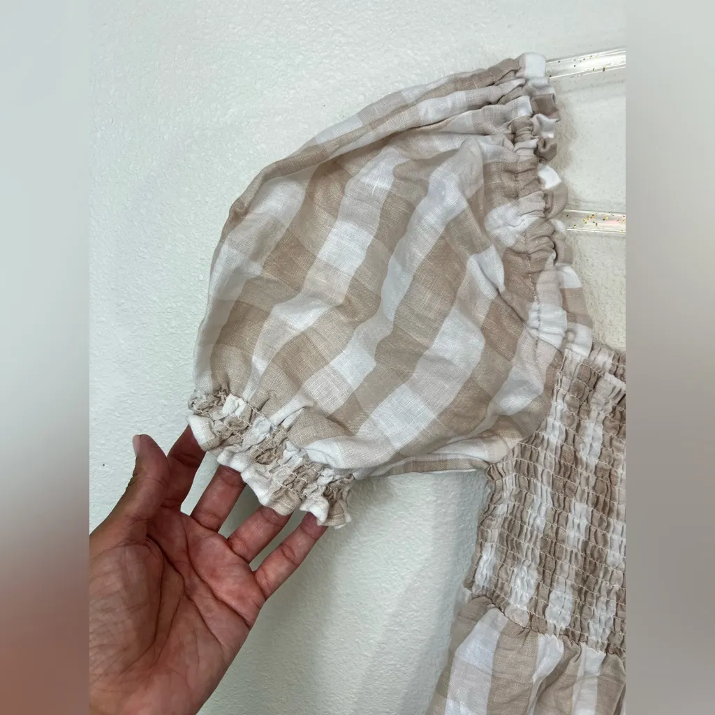 House of Harlow 1960 NWT 100% Linen Smocked Gingham Puff Sleeve Sundress Size S Tan Size M - Image 4