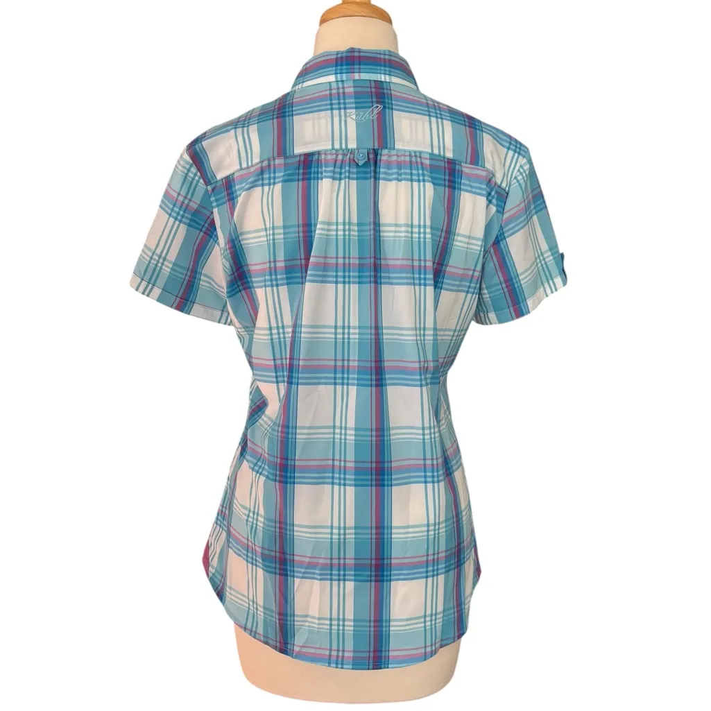 KUHL Women’s Plaid Button Up Short Sleeve Hiking Shirt Blue White Purple Medium - Image 3