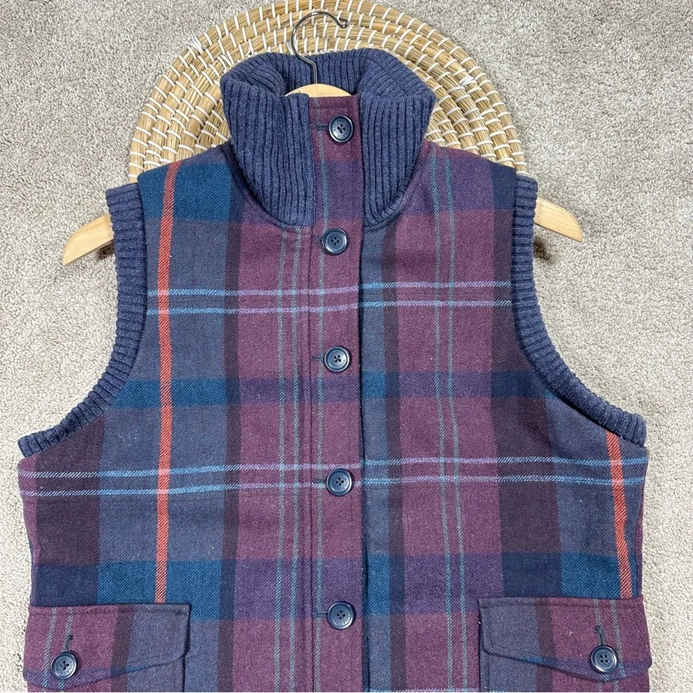 Woolrich Women’s Wool Blend Plaid Vest Full Button Academia in Purple Navy L - Image 2