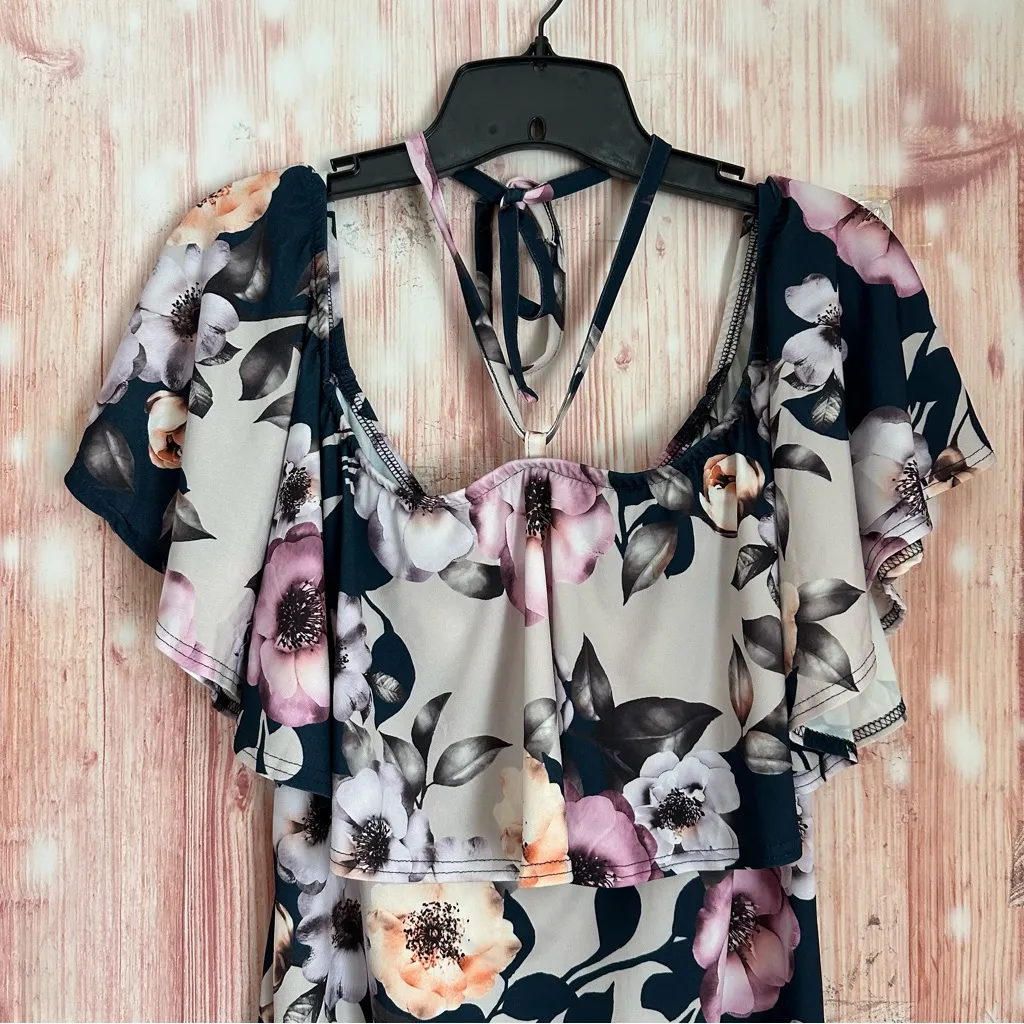 Venus Navy Blue Halter Pink Floral Flounce Top Dress Size L - Image 2