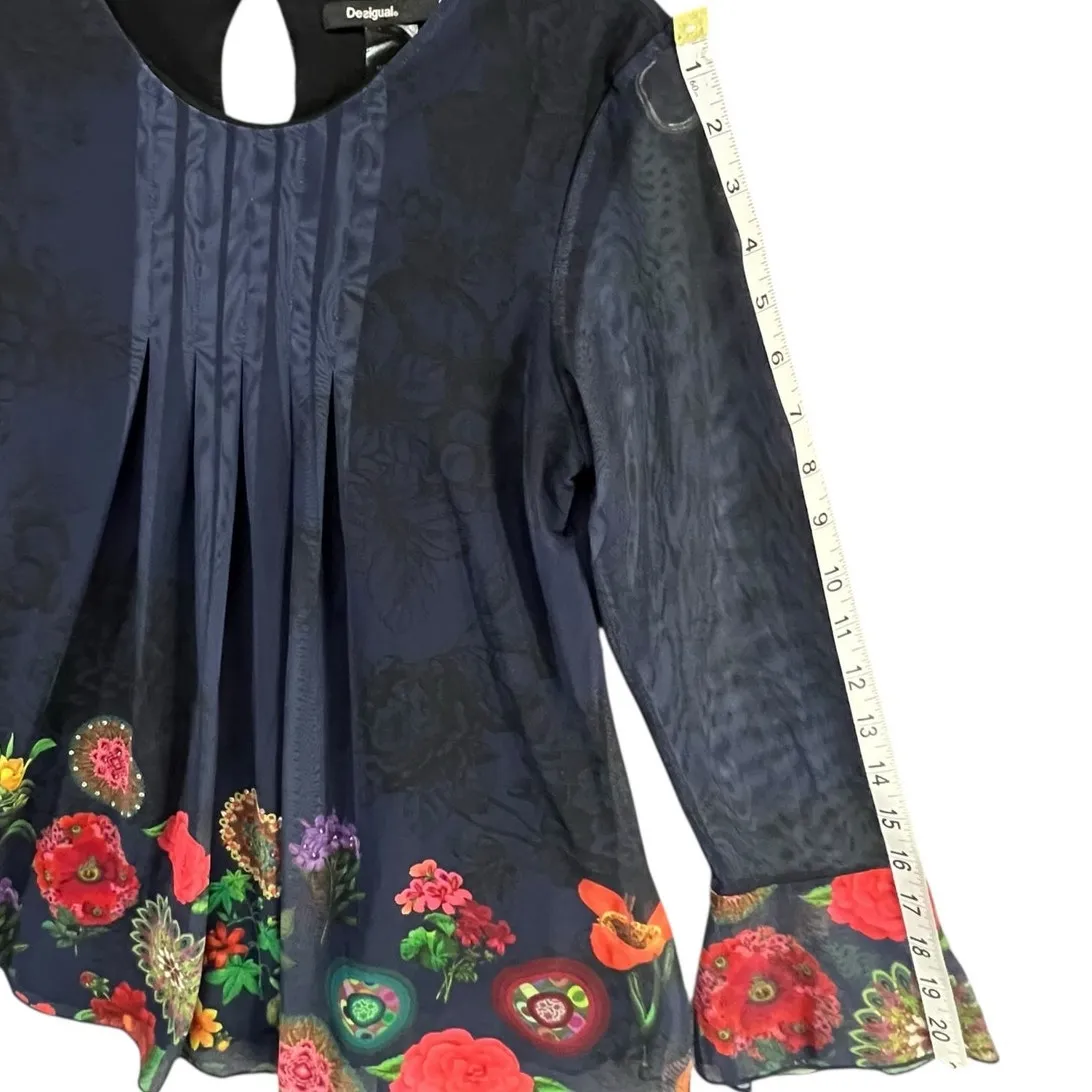 Desigual Rachel Shirt Blouse Women S Dark Blue Mesh Floral Dark Fairy Whimsygoth - Image 13