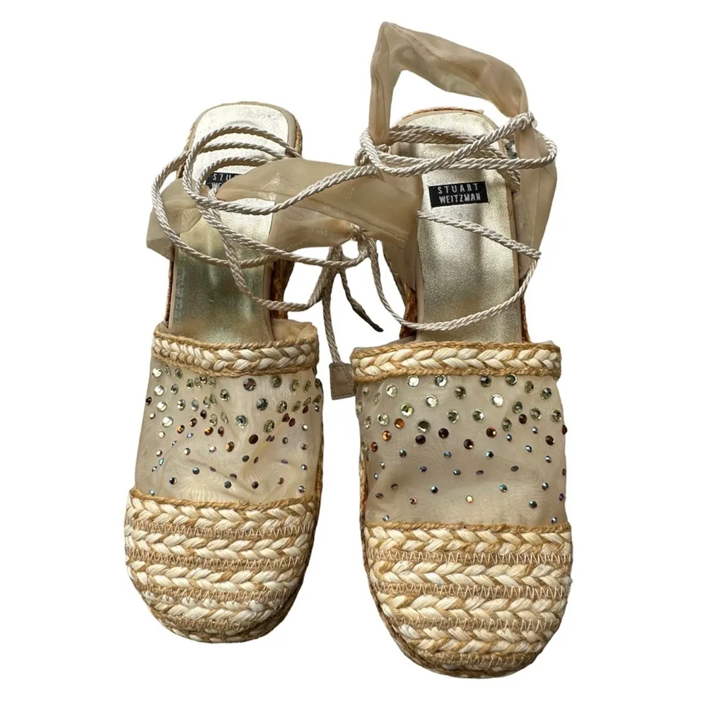 Y2K Stuart Weitzman sheer crystal embellished ankle tie espadrille wedges - Image 3