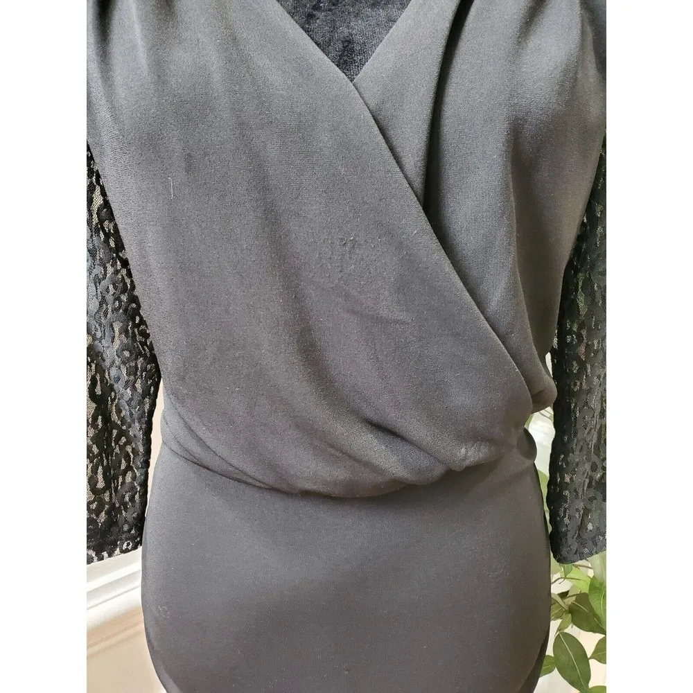 Thalia Sodi Black Solid Polyester V-Neck Lace Long Sleeve Knee Length Dress L/G - Image 3