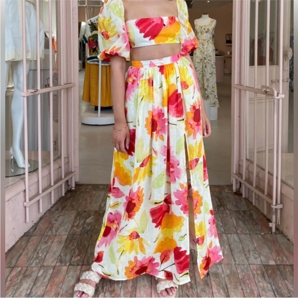 Revolve Rumer Sunshine Floral‎ Linen Maxi Skirt with Slit XS NWT Orange - Image 2