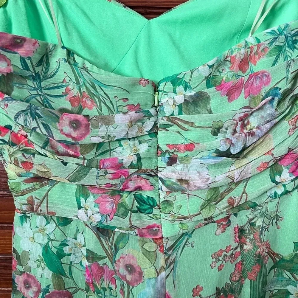 Jay Godfrey Lydia Green Floral Print Strapless Romper Shorts Size 6 Pleated - Image 6