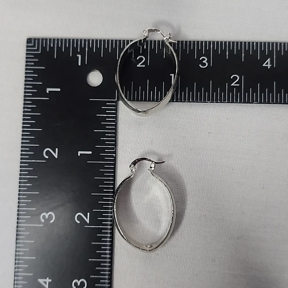 White Gold Wide Oval Hoop Earrings Greca / Greek Key Design Silver - Image 8