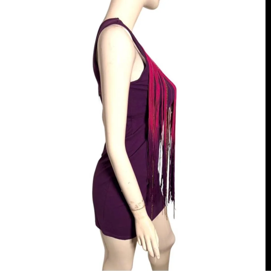 Rocawear‎ dress Vintage Y2K neon pink fringe purple bodycon sleeveless mini med - Image 2