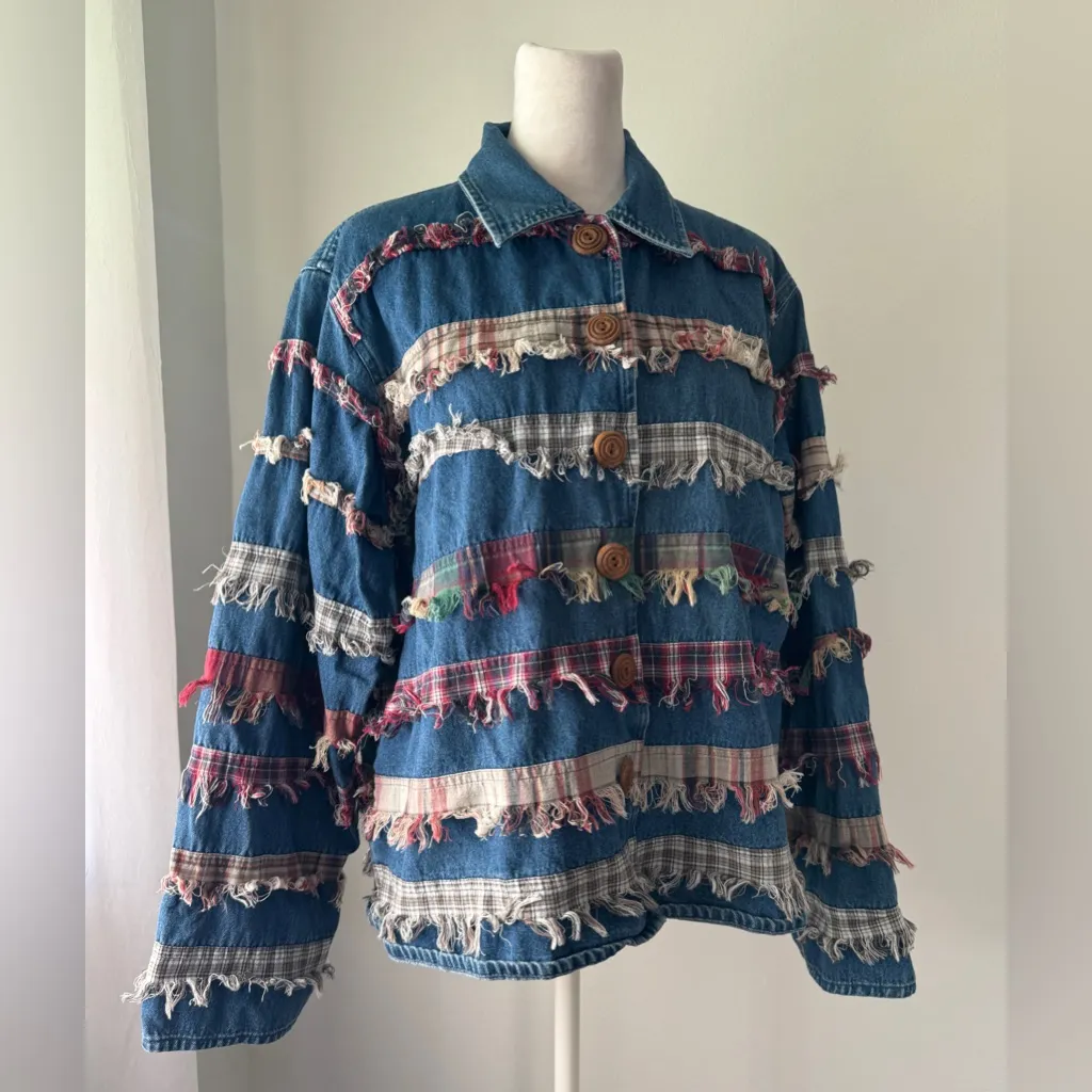 Vintage ‘90s Life Style Patchwork Embellished Denim Jacket Blue Size XL - Image 3