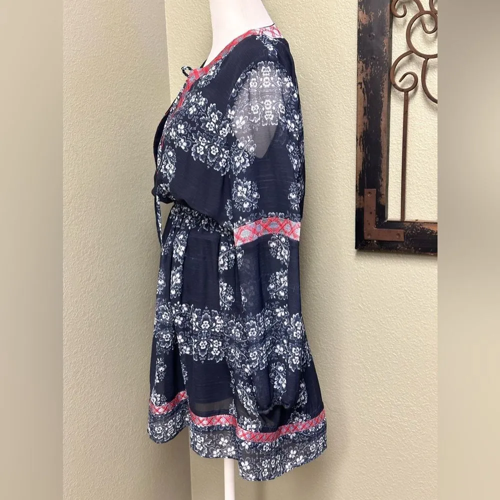 Endless Rose long sheer sleeve navy tie embroidered vneck mini dress - Image 2