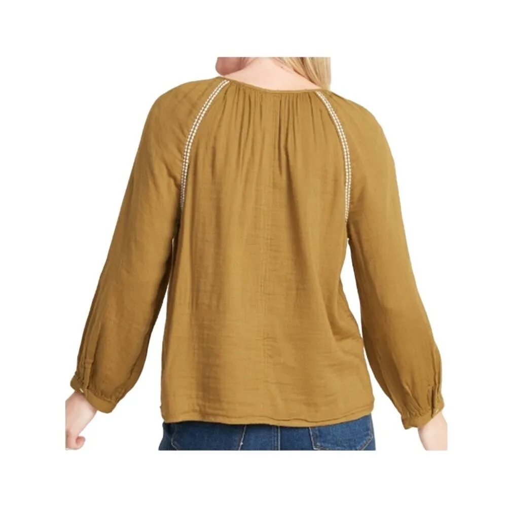 Old Navy Blouse Women L Golden Brown Relaxed Embroidered Stitch Boho Cottage Top - Image 5
