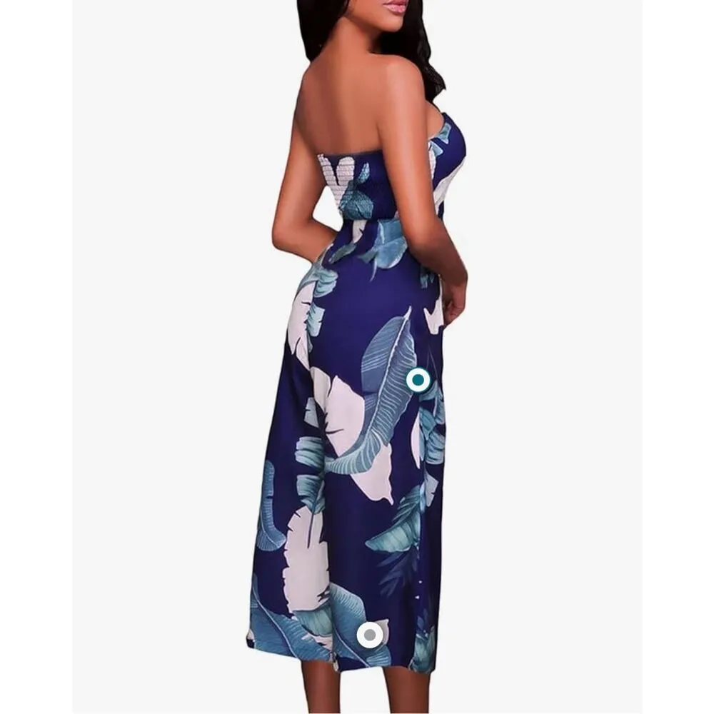 NEW Strapless Tropical Leaf Print Jumpsuit Wide Leg Crop Pant S 4/6 Blue - Image 2