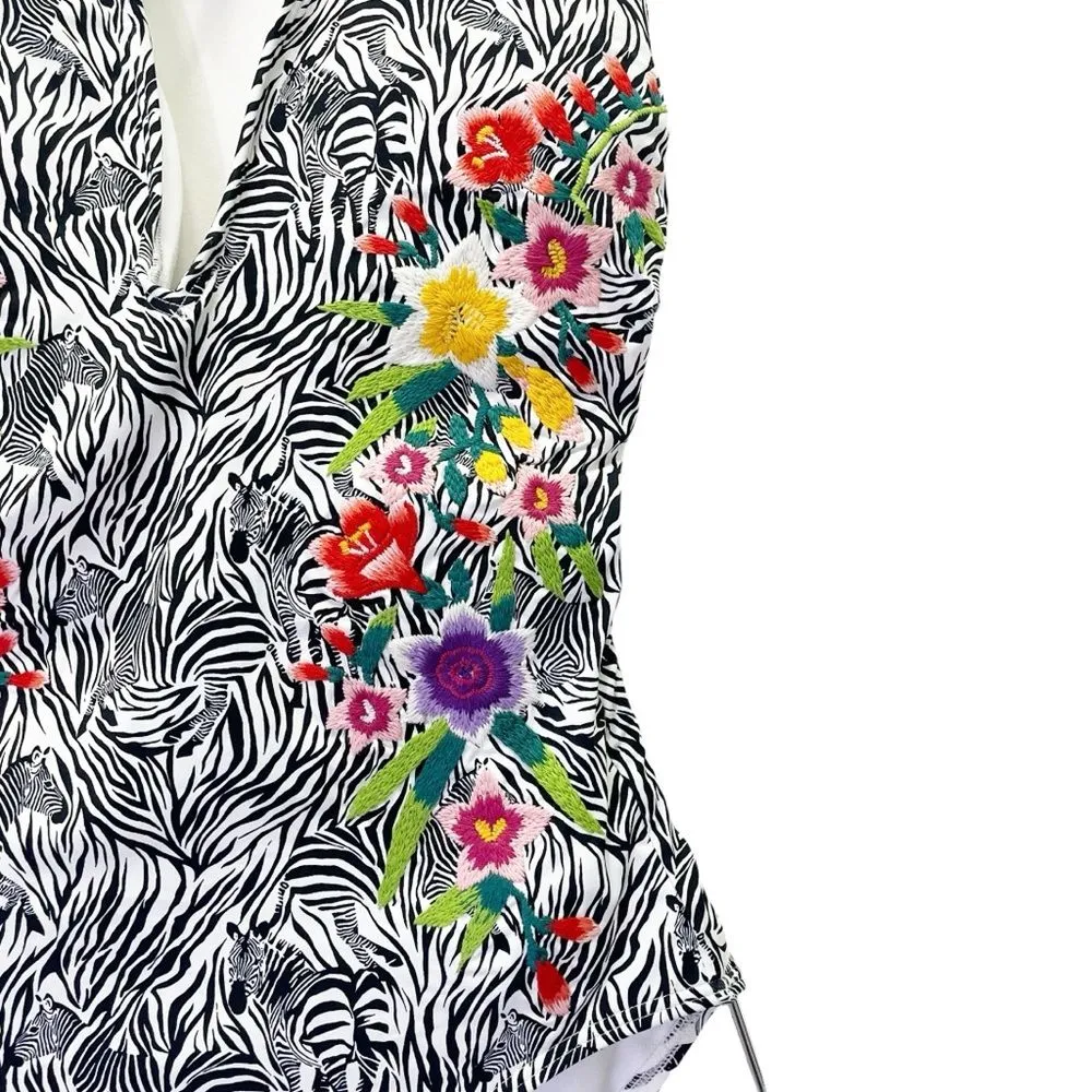 Johnny Was Spring Halter Embroidered One-Piece Floral Zebra Swimsuit Size Medium - Image 9