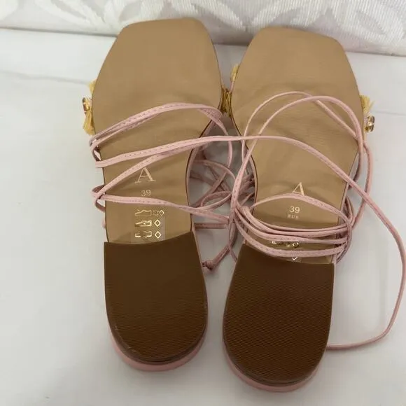Anthropologie Embellished Tie Up Pink/Rose Raffia Square Toe Sandals New in Box‎ - Image 12