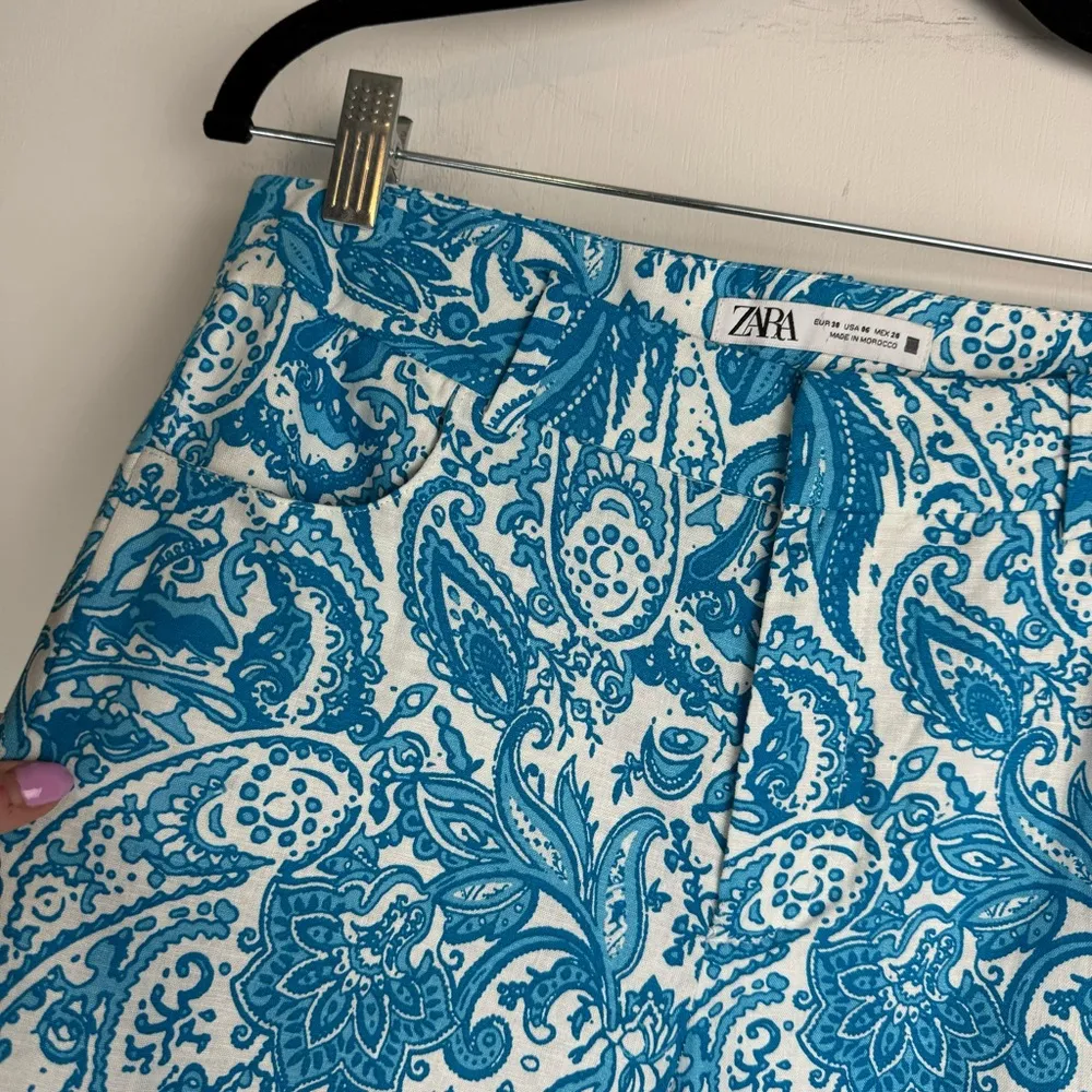 NWOT ZARA Linen Blend Trouser Pants Sz 6 Kick Flare Hem Blue Paisley Print - Image 6