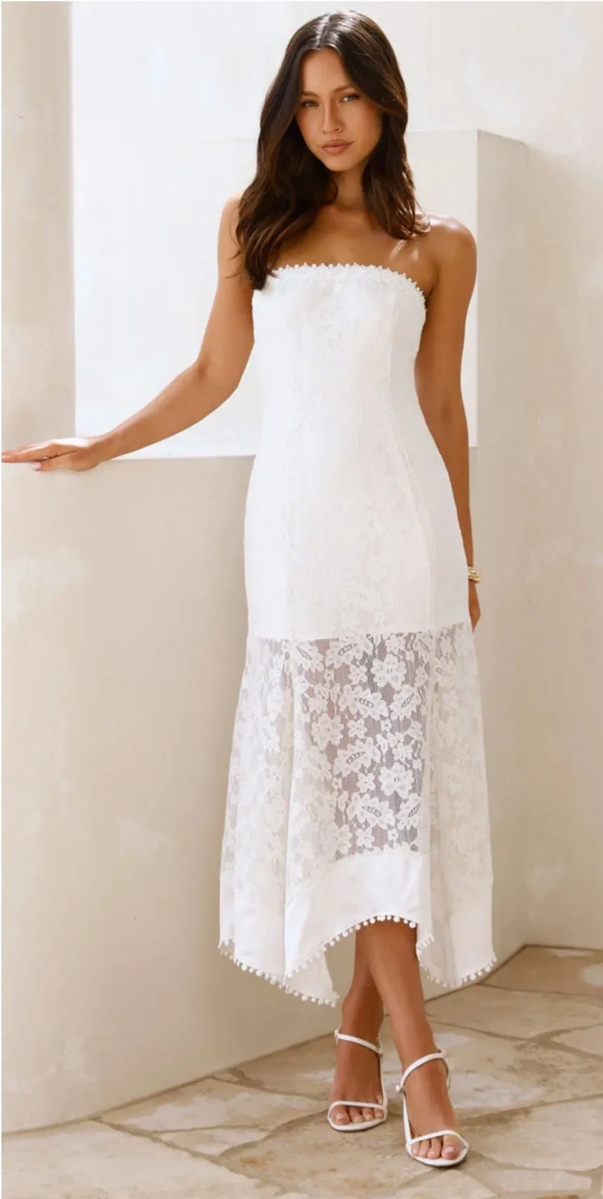 Luxe Petal Lace Strapless Maxi Dress White Size S from Hello Molly Luxe Petal Lace Strapless Maxi Dress White Size S from Hello Molly