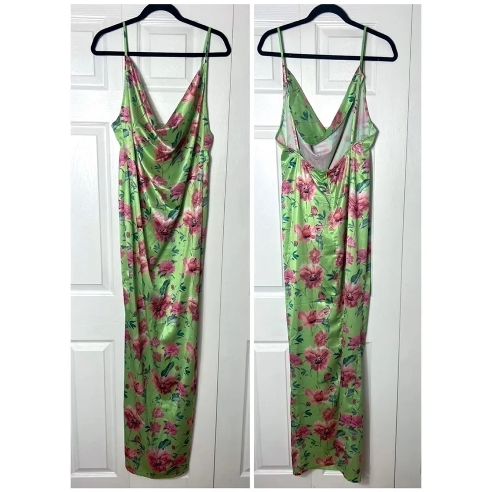 PrettyLittleThing Green Pink Floral Satin Cowl Neck Maxi Dress Size L - Image 5
