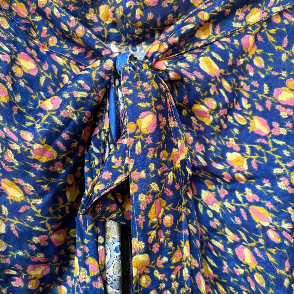 Reversible Sari Silk Wrap Skirt Blue Floral | Darn Good Yarn Boho Size undefined - Image 6