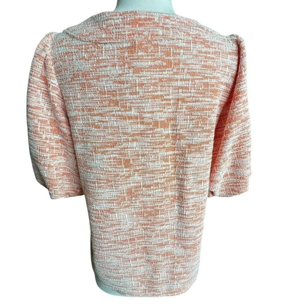 Melloday Knit Top M Orange White Puff Sleeve Tweed Cottagecore Boat Neck Classic Size M - Image 4
