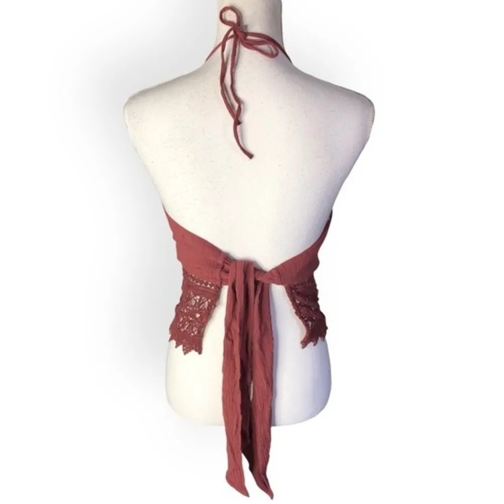 American Eagle Rust Halter Neck Embroidered Lace Crop Top - Image 79