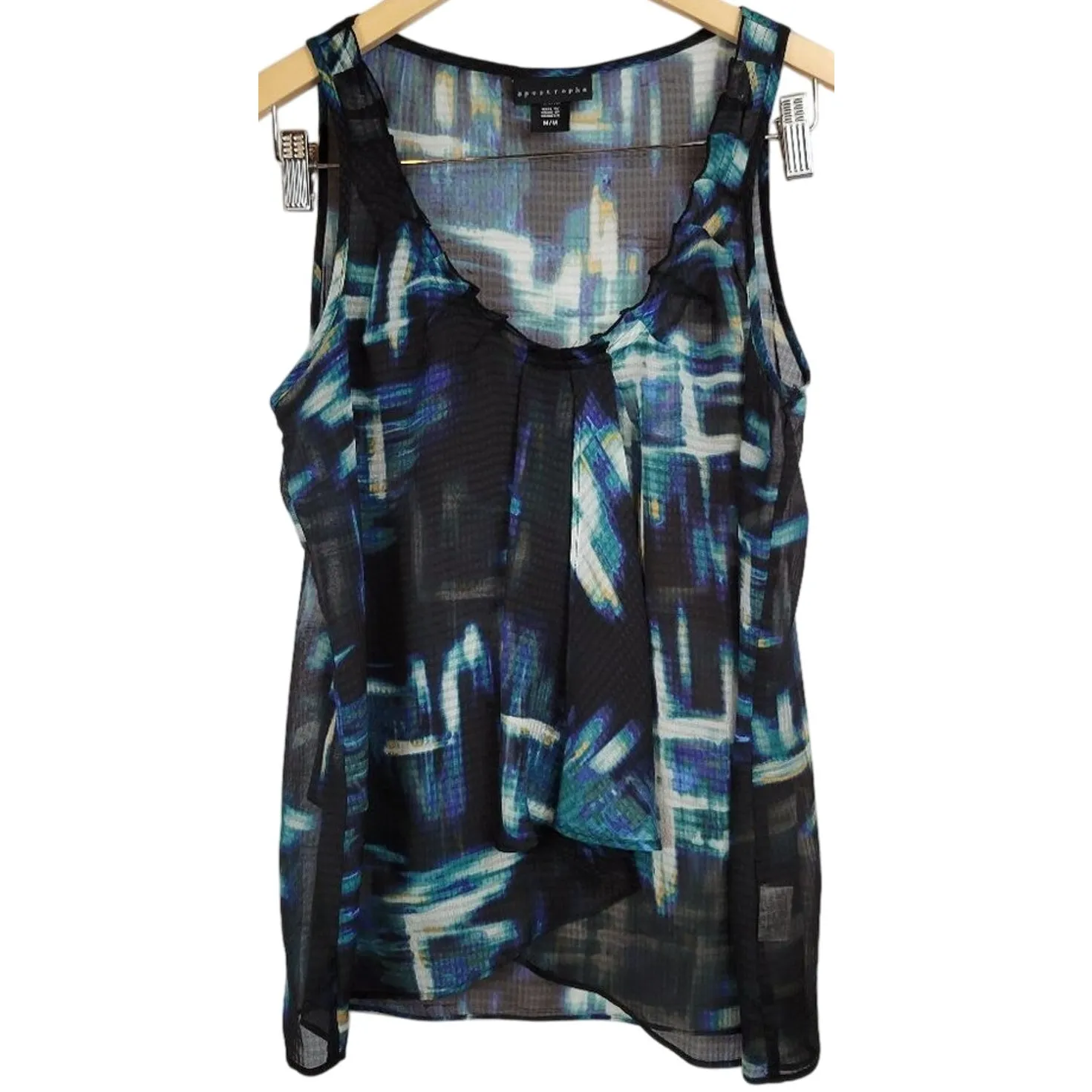 Apostrophe M Black Blue Green Abstract Print Sleeveless Ruffle Trim Tank Top - Image 2