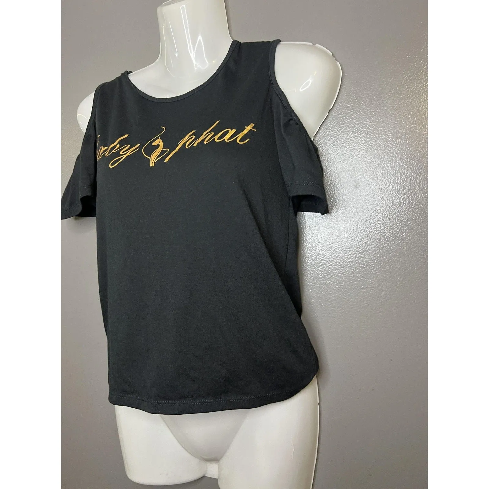 Baby Phat Shirt Womens 14 Black Cold Shoulder Graphic Logo Top Casual Blouse - Image 3