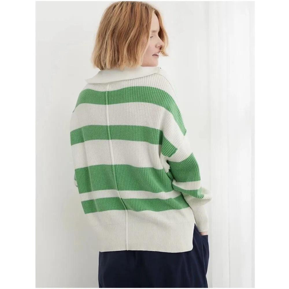 Aerie L Large Oversized Beyond Quarter Zip Sweater Knit Polo Green Stripe Womens - Image 2