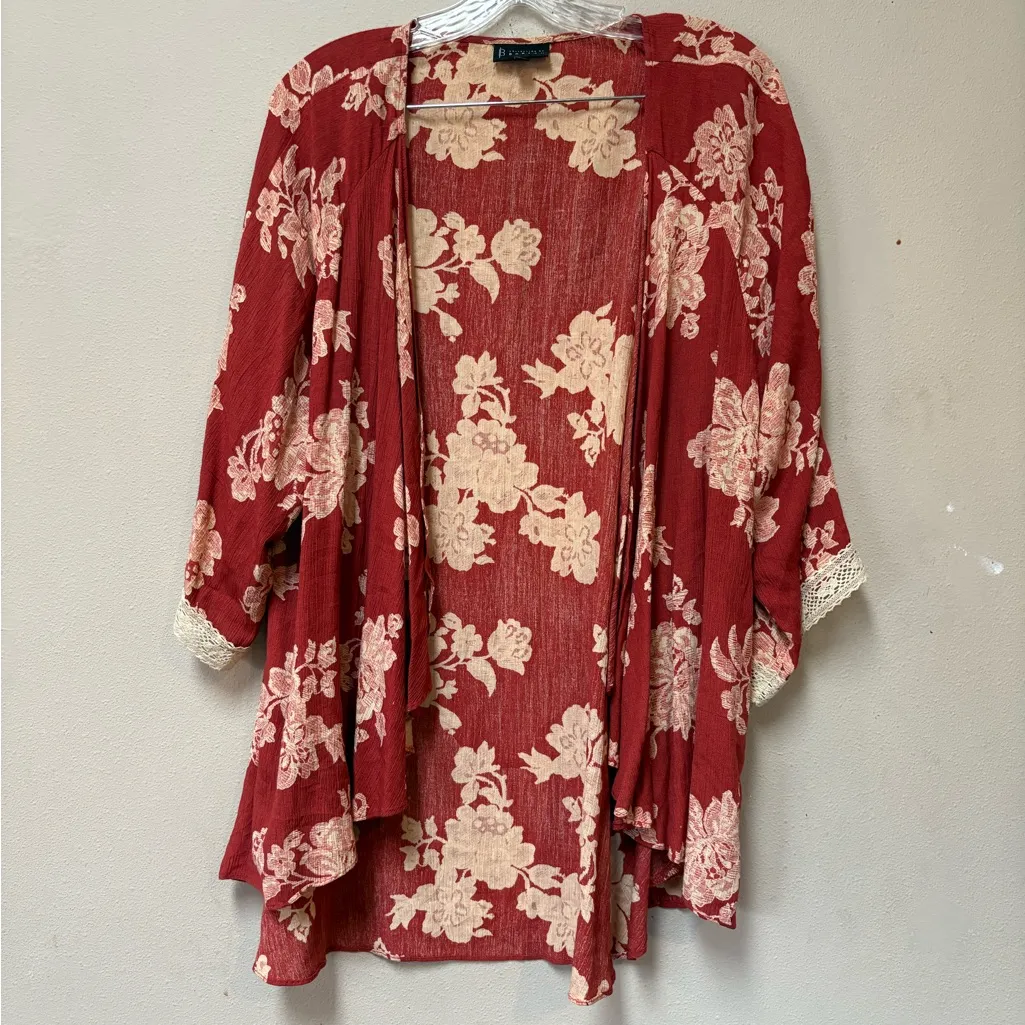 Boho Floral Kimono Cardigan Open Front Pockets Rust Red Bobeau - Image 7