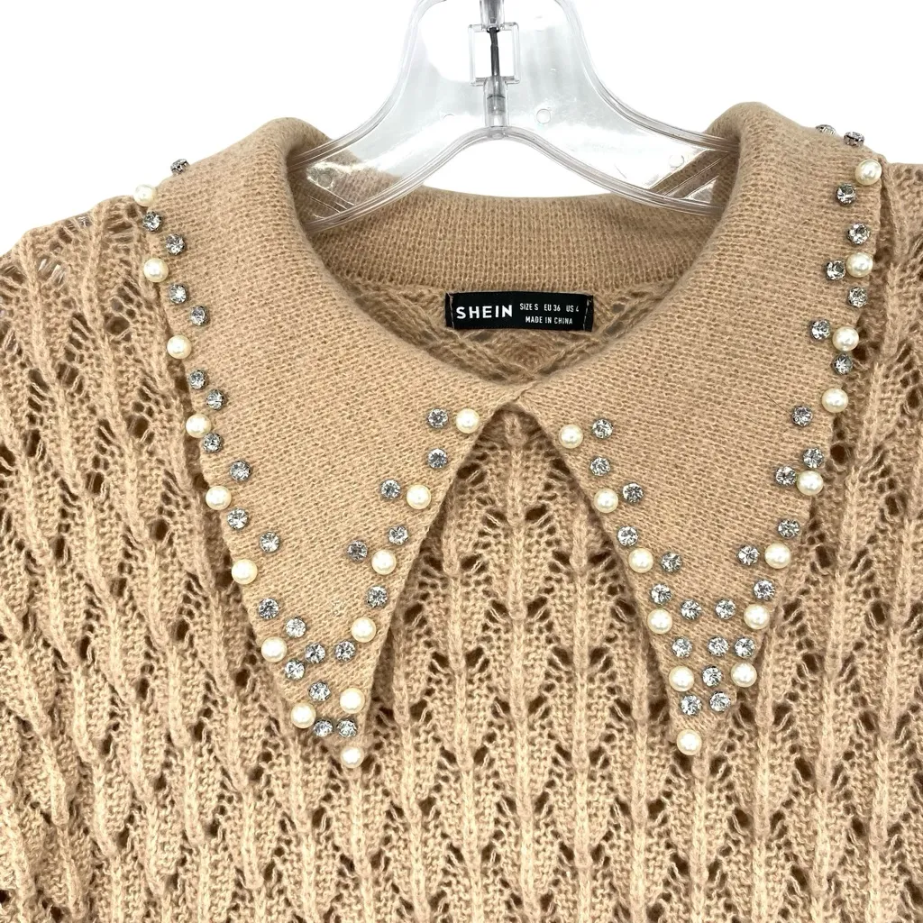 Shein Beige Knit Sweater with Embellished Collar - Image 4