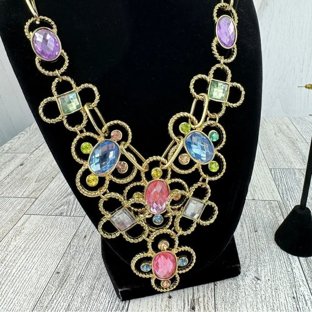 Pastel‎ Gemstone Statement Bib Necklace Earrings Set Gold - Image 2