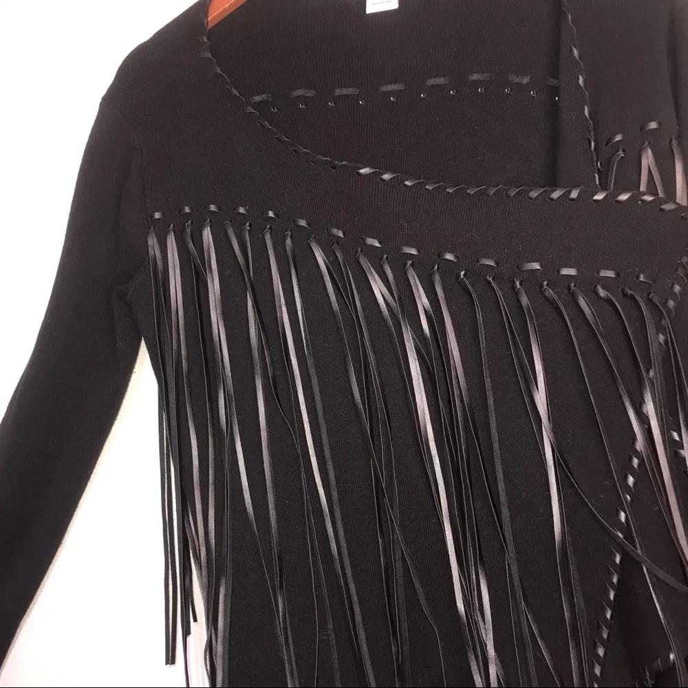 Ariat Trenton Black Knit & Faux Leather Fringe Waterfall Open Front Cardigan - Image 7