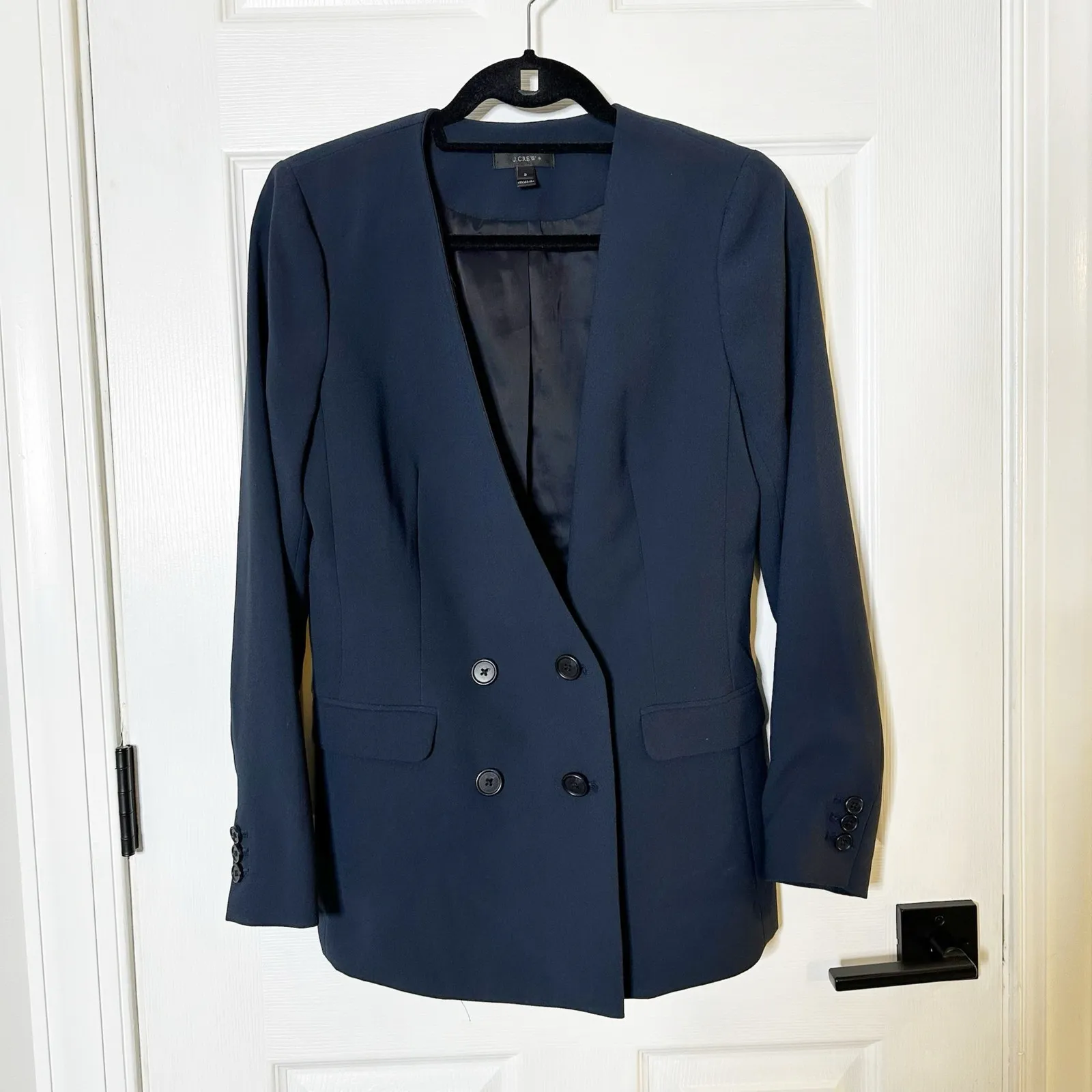 J. Crew 365‎ Crepe French Girl Collarless Navy Double Breasted Blazer Size 2 - Image 3