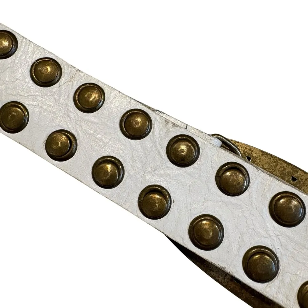 Vintage Studded White Leather Brass Studded Belt Brass
Buckle Rockabilly, Sz M - Image 7