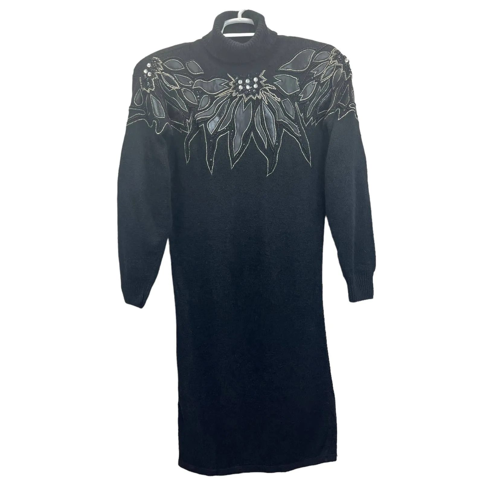 Vintage Nilani Beaded Silk Angora Turtleneck Sweater Dress S Black Embellished - Image 2