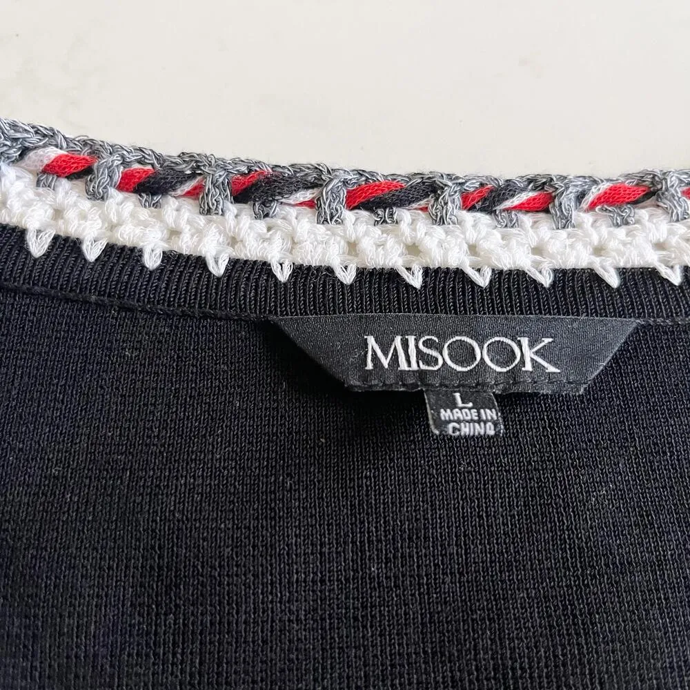 Misook Black Poppy Red White Crochet Trim 3/4 Sleeve Cardigan Jacket Size Large - Image 3
