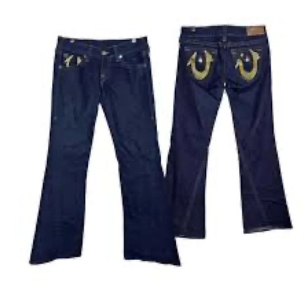 Vtg TRUE RELIGION Jean Women 30 Low Boot Organge Painted‎ Horseshoe Wide Leg - Image 2