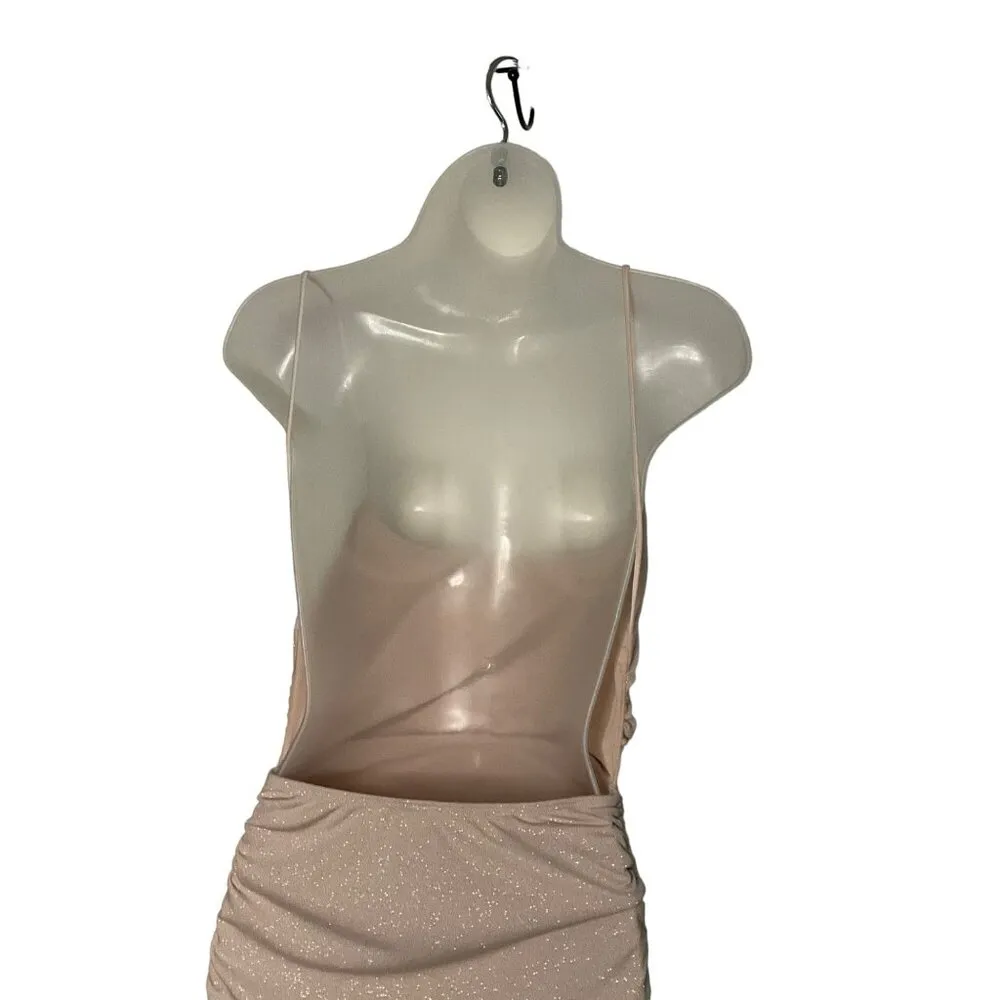 Windsor  Ruched Mini Dress S Champagne Pink Spaghetti Straps Glittery Open Back - Image 6