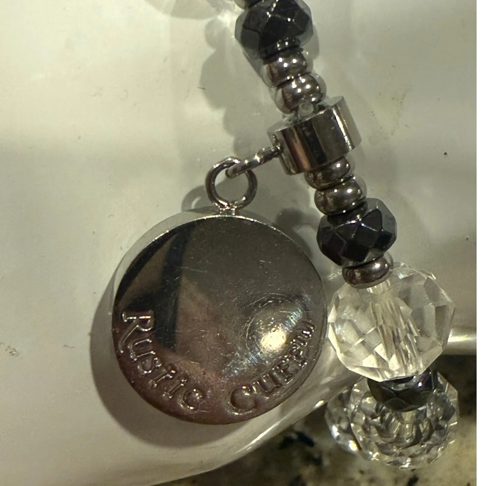 Rustic Cuff Christian Faith Stretch Bracelet Silver & Clear Beads Charm Logo - Image 9