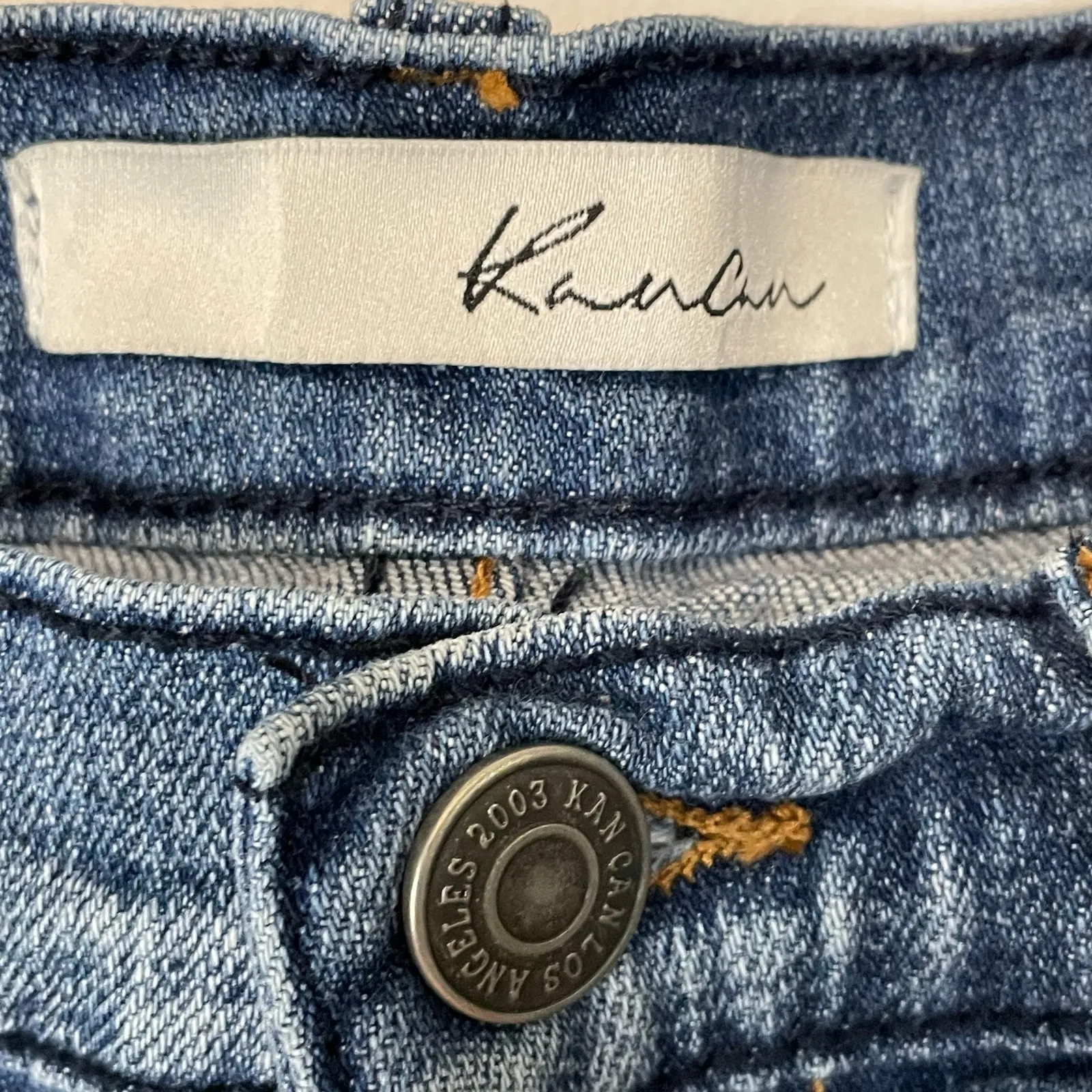 KanCan Midrise Stretch Short 25 Medium Wash Denim Distressed Raw Hem Casual Blue - Image 4