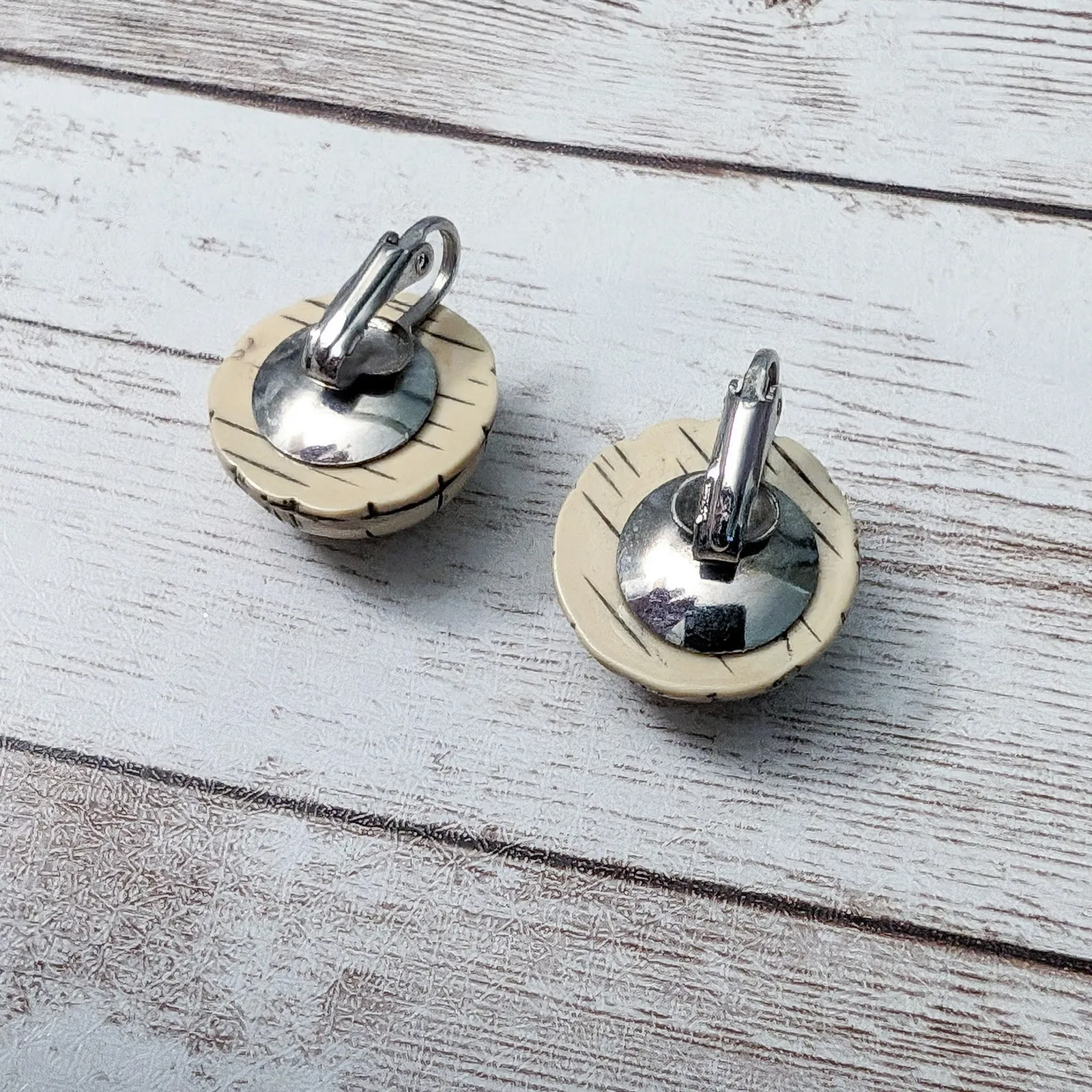 Vintage Clip On Earrings Beige Domed With Design 7/8" - Image 9